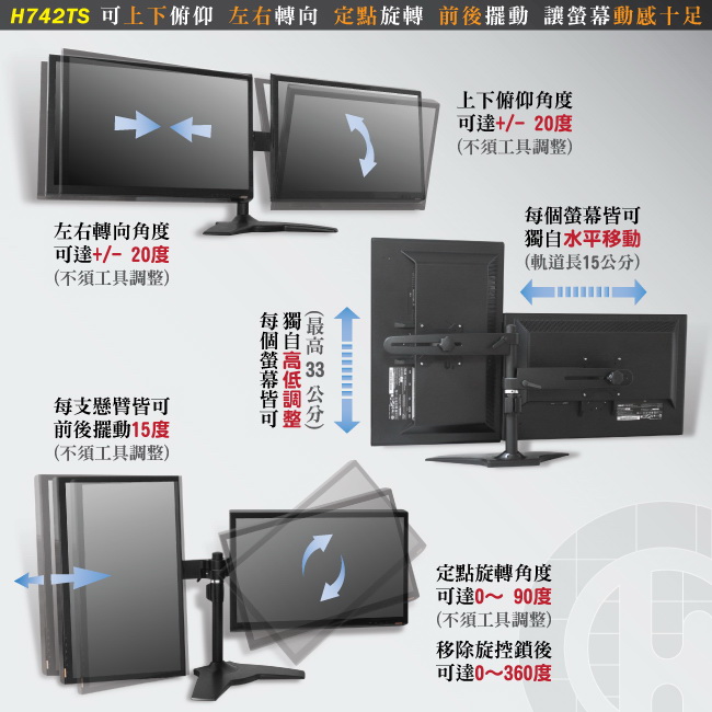 【H.E】15-24吋桌上型雙螢幕旋臂式支架H742TS(H742TS)