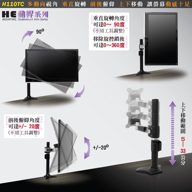 【HE】27吋以下LED/LCD鋁合金單懸臂夾桌型支架(H110TC)