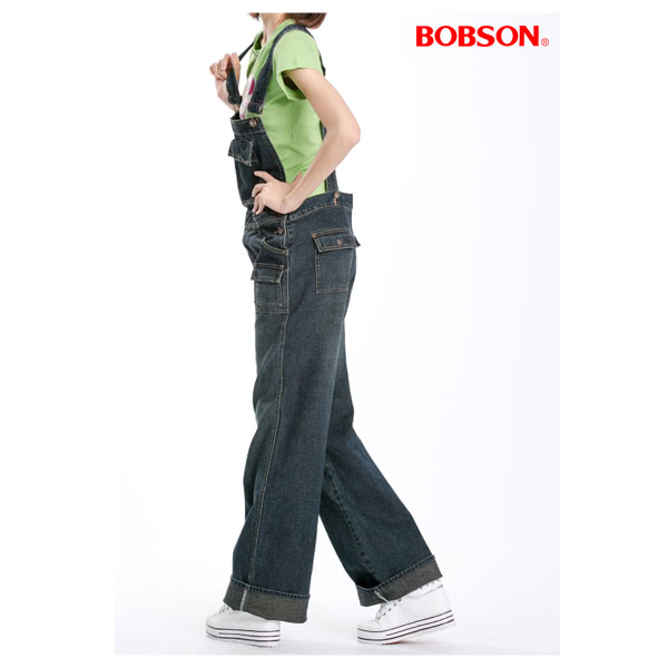 【BOBSON】女款低腰刷白牛仔吊帶長褲(深藍52)
