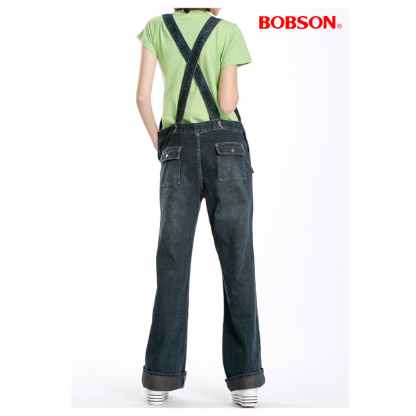 【BOBSON】女款低腰刷白牛仔吊帶長褲(深藍52)