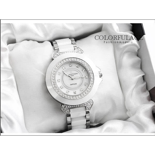 【Valentino范倫鐵諾】名媛必備珍珠貝面爪鑲方晶鋯石精密陶瓷手錶腕錶(玖飾時尚NE744)