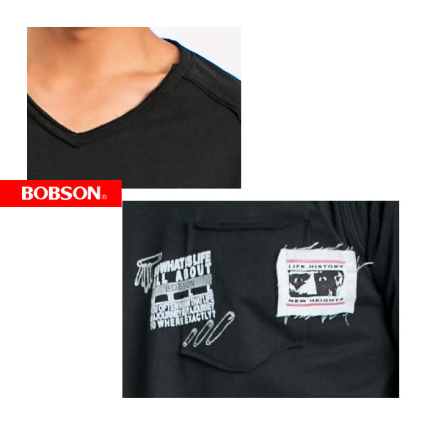 【BOBSON】男款V領印圖短袖上衣(黑88)