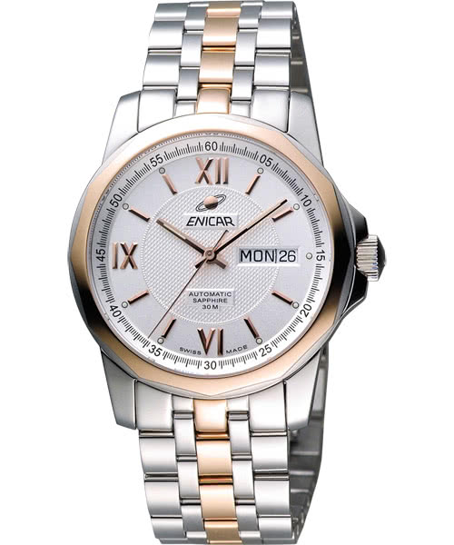 【ENICAR】英納格 羅馬經典日曆機械腕錶-銀x雙色版/39mm(168-51-326G)
