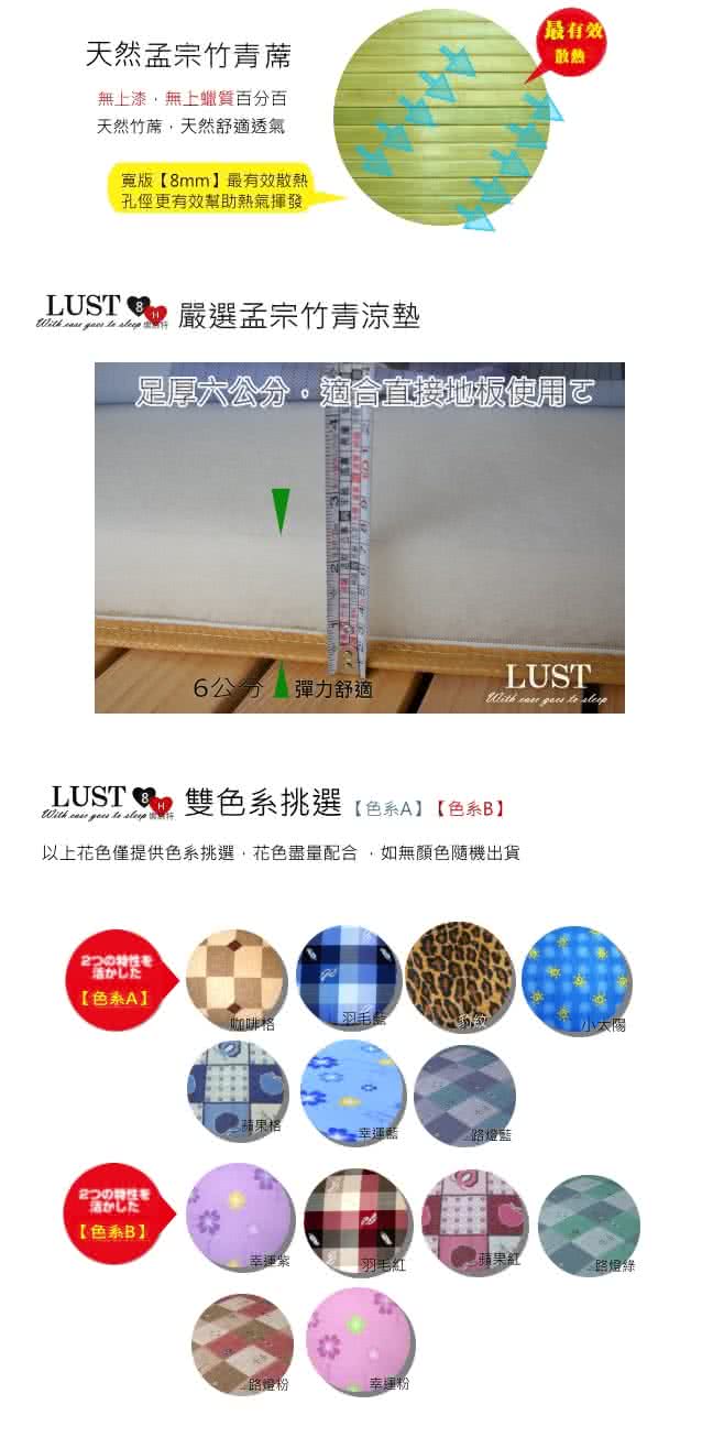 【LUST生活寢具】5尺《高密度孟宗竹透氣床墊》杜邦透氣綿冬夏兩用涼墊台灣生產收納性強(多種顏色)