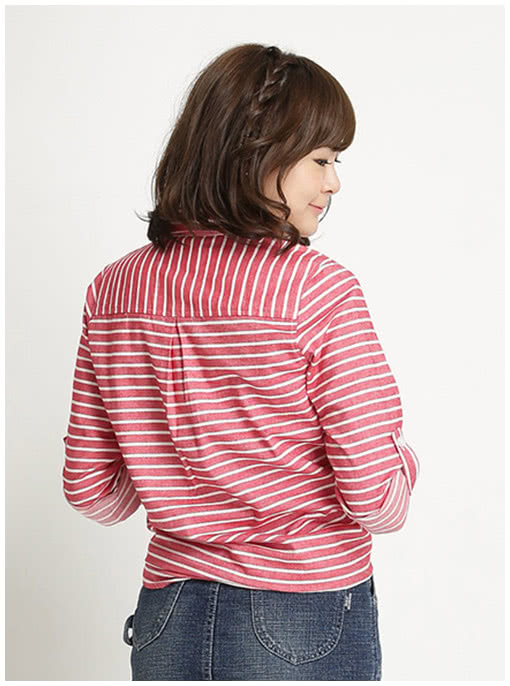 【BOBSON】女款條紋長袖襯衫(紅條34137-13)