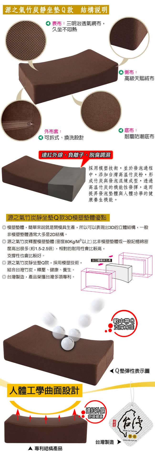 【源之氣】外出型竹炭靜坐墊Q款+記憶/加大四方+小四方加高/兩色可選