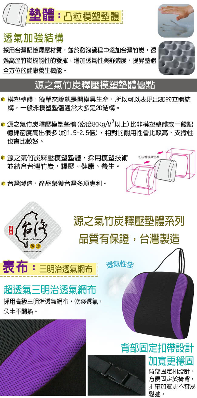 【源之氣】竹炭可調式記憶護腰靠墊/寬幅加大、加軟設計/四色可選 RM-9460(黑/橘/紫/綠)