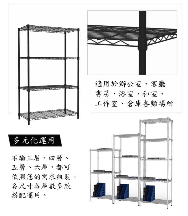 【海克力士】90*45*90三層烤漆置物鐵架(黑色)