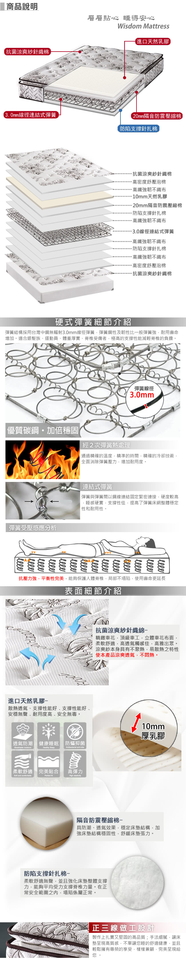 【金鋼床墊】正三線乳膠涼爽舒柔加強護背型3.0硬式彈簧床墊-單人特大4尺