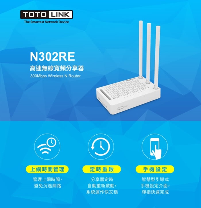 【TOTOLINK】N302RE 300Mbps 高速無線分享器(三天線)