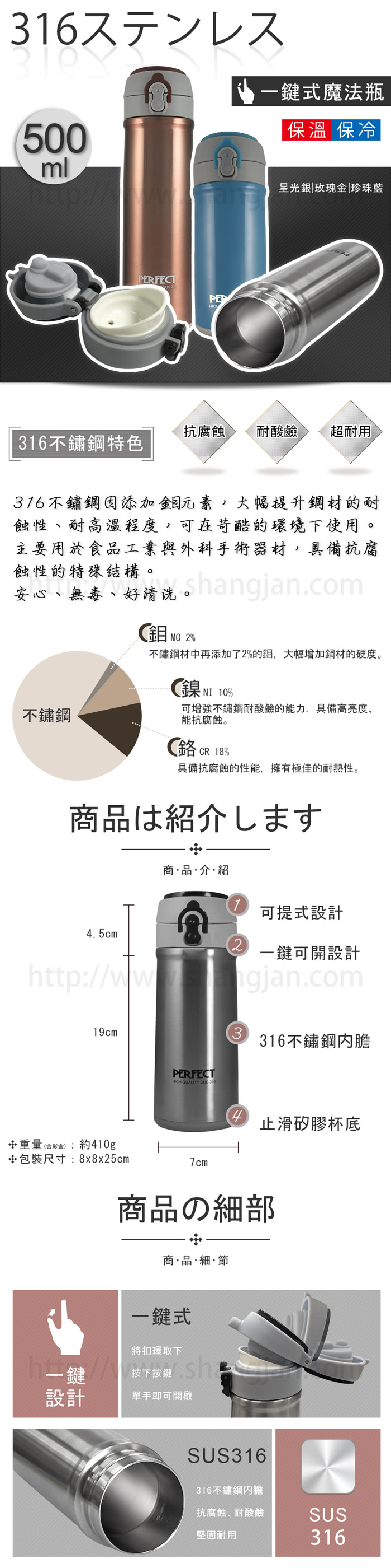 【PERFECT 理想】彈蓋316不鏽鋼保溫杯-500cc-台灣製造(星光銀、玫瑰金、限量珍珠藍)