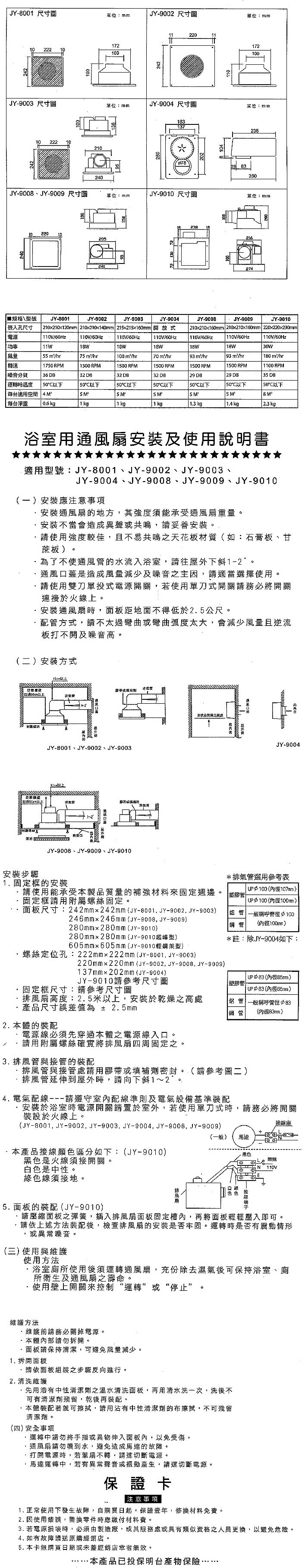 【中一電工】通風扇-歐風直排(JY9002)