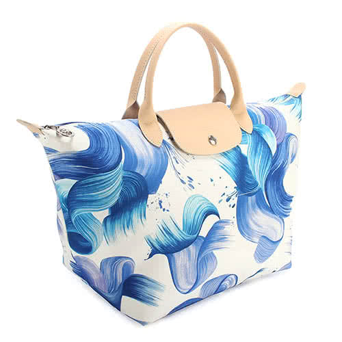 【Longchamp】Splash清新藝術水彩短提把中型帆布水餃包(粉藍色)