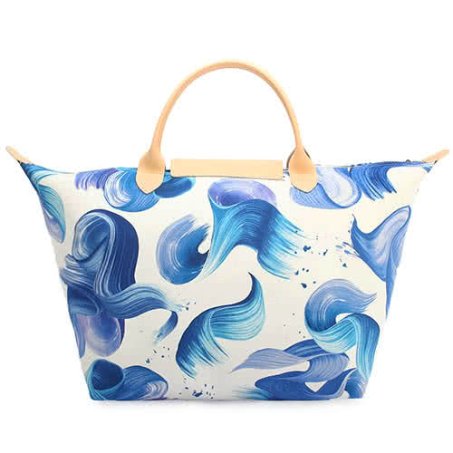 【Longchamp】Splash清新藝術水彩短提把中型帆布水餃包(粉藍色)