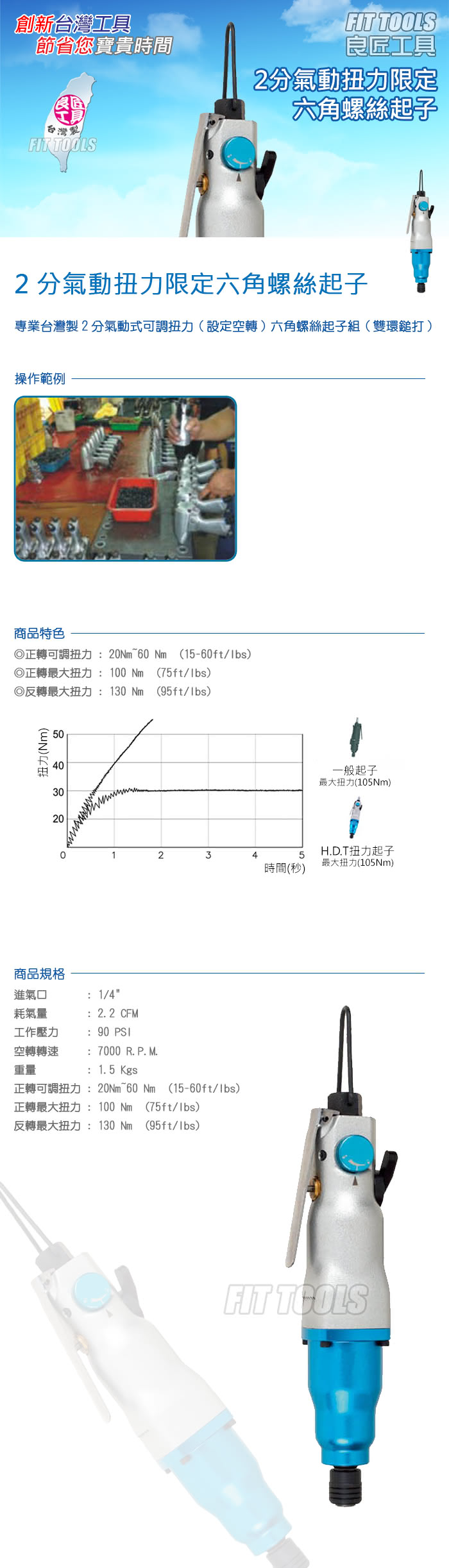 【良匠工具】2分氣動扭力限定六角螺絲起子(2分氣動扭力 六角螺絲起子雙環鎚打)