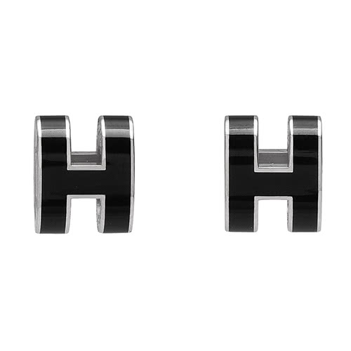 【HERMES】經典立體H LOGO簍空橢圓穿式耳環(黑X銀H608001F-NOIR-ARG)
