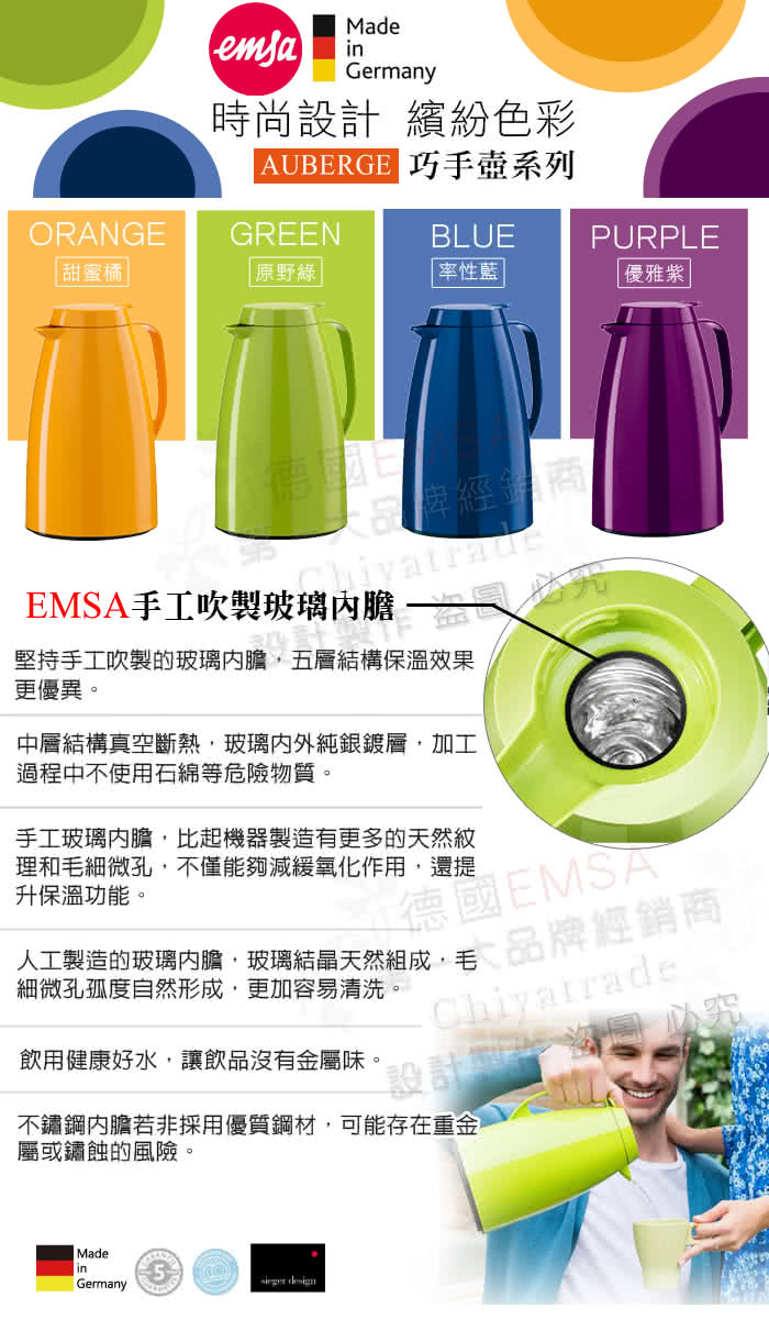 【德國EMSA】頂級真空保溫壺 玻璃內膽 巧手壺系列BASIC-保固5年(1.5L 原野綠)