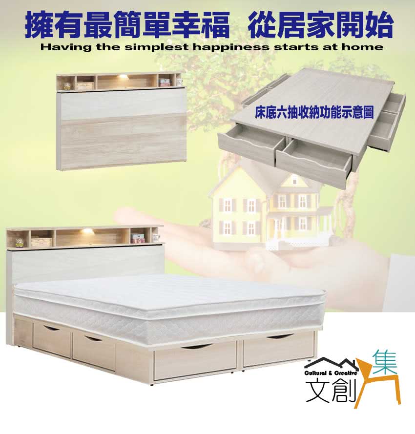 文創集 杜凱6尺雙人加大夜燈六抽床台組合(床頭片+六抽床底+ 文創集 杜凱6尺雙人加大夜燈六抽床台組合(床頭片+六抽床底+