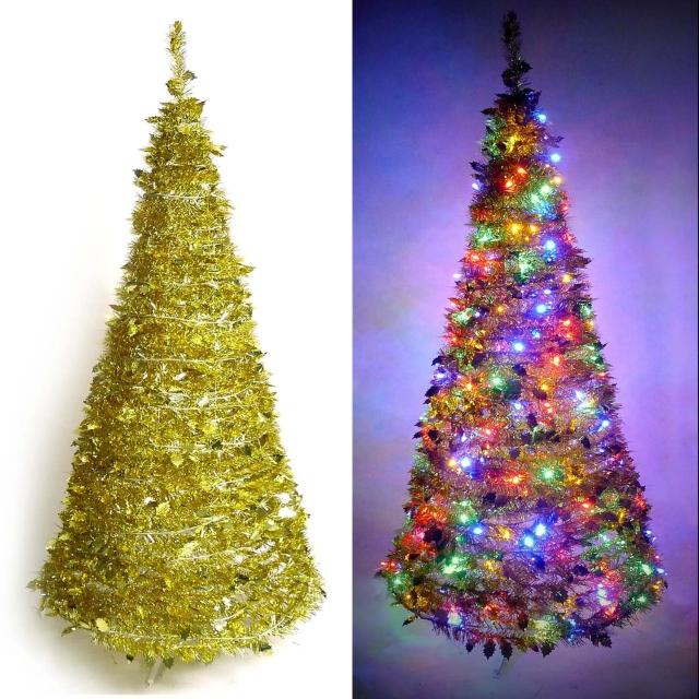 【聖誕裝飾品特賣】6尺／6呎(180cm 創意彈簧摺疊聖誕樹-金色系+LED100燈串一條-9光色可選)