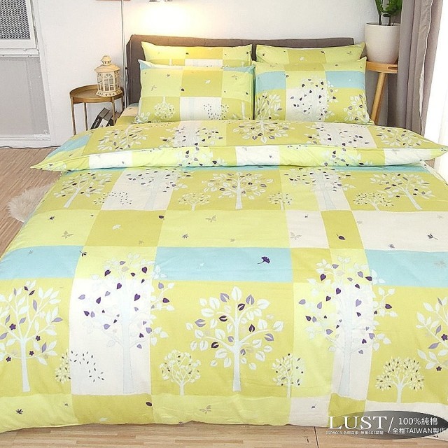 【Lust 生活寢具 台灣製造】夏綠蒂-專櫃當季印花、雙人5尺床包-枕套-薄被套組(綠色)