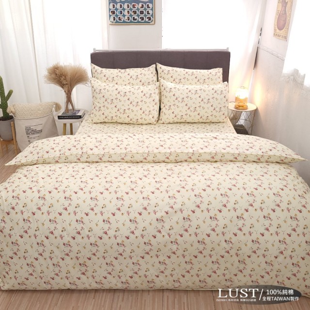 【LUST生活寢具】玫瑰風情  100%純棉、雙人加大6尺床包-枕套-薄被套、台灣製