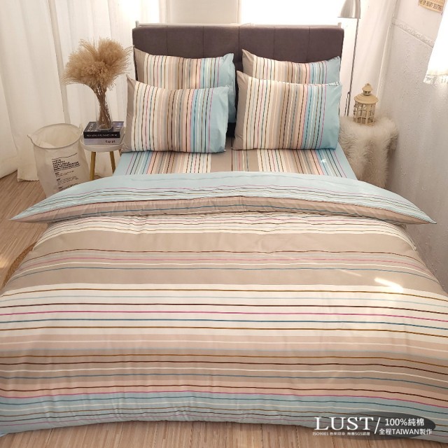 【LUST生活寢具】《晨光調紋》100%純棉、單人3.5尺精梳棉床包-枕套組《不含被套》、台灣製