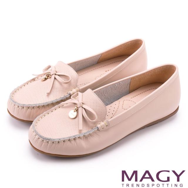 【MAGY】玩轉復刻新意呈現 蝴蝶結洞洞牛皮莫卡辛(粉紅)