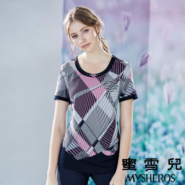 【mysheros 蜜雪兒】圓領串珠不規則線條彈性上衣(粉)