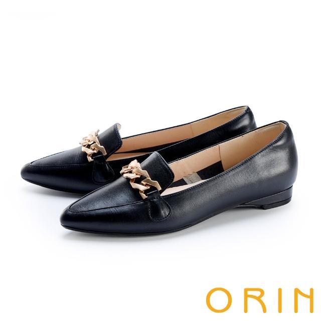【ORIN】氣質金屬鍊真皮平底 女 樂福鞋(黑色)