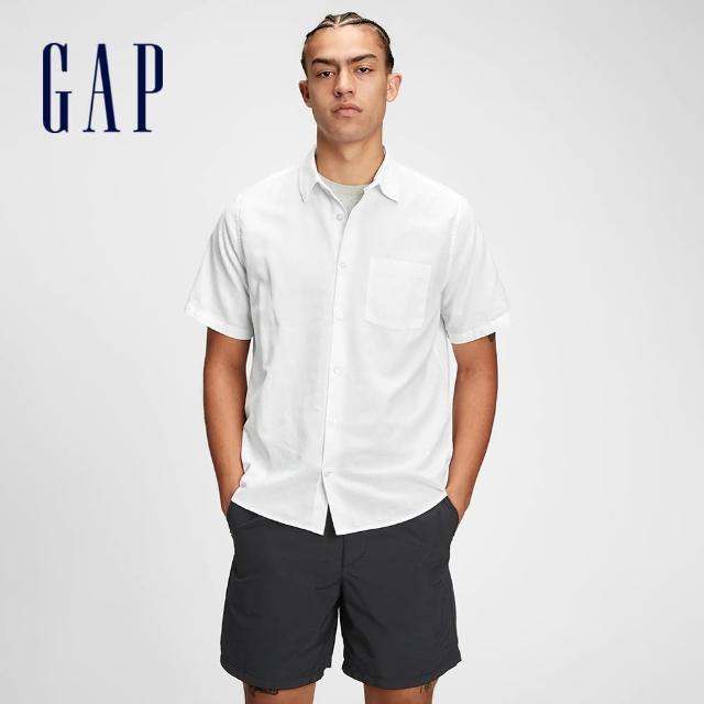 【GAP】男裝 亞麻工裝風素色短袖襯衫(737774-白色)