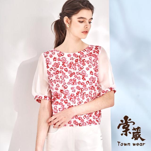 【TOWN’WEAR 棠葳】花卉透膚泡泡袖純棉上衣