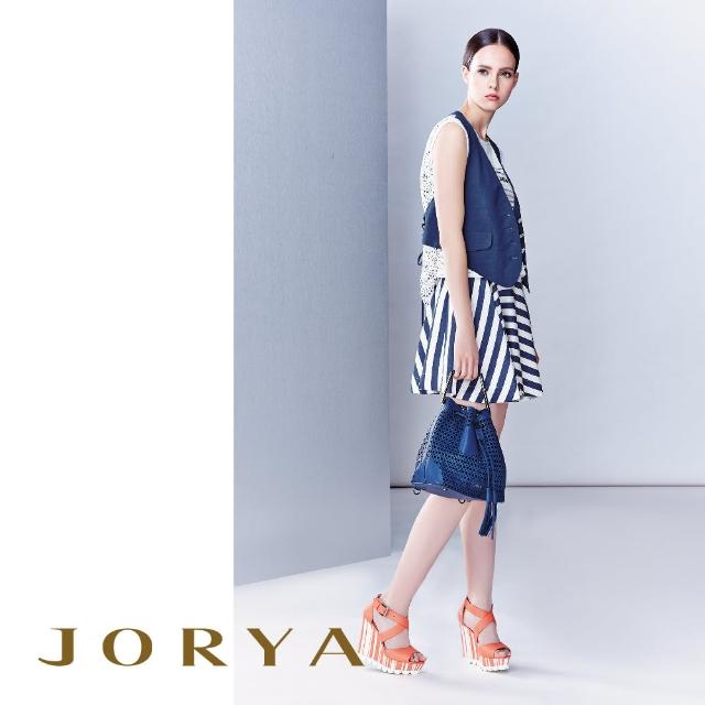 【JORYA】I1201002海洋條紋蕾絲花邊收腰傘狀短裙