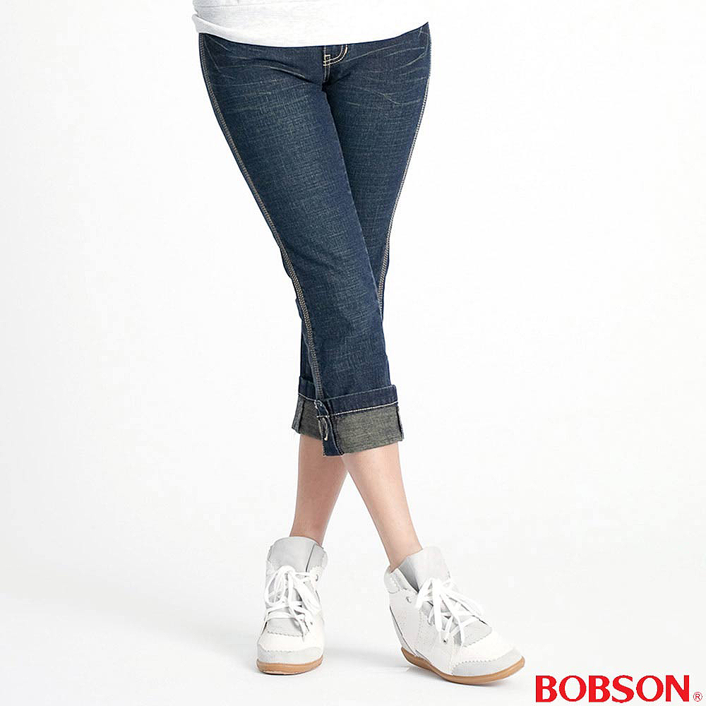 Bobson 女款反摺褲口伸縮7分牛仔褲 藍52 Momo購物網