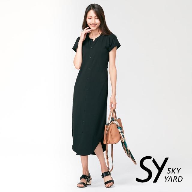 SKY YARD【SKY YARD】彈性棉全開襟綁帶連身洋裝(黑色)