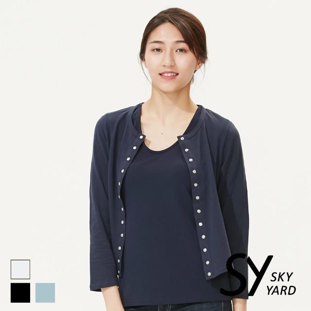 SKY YARD【SKY YARD】純棉開襟圓領八分袖罩衫外套(深藍)