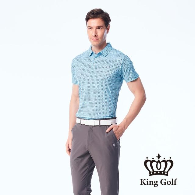 KING GOLF【KING GOLF】男款夏日幾何圖形底紋印花涼感短袖POLO衫(藍色)