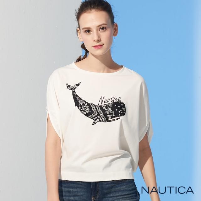 NAUTICA【NAUTICA】女裝俏皮藍鯨圖騰落肩T恤(白)