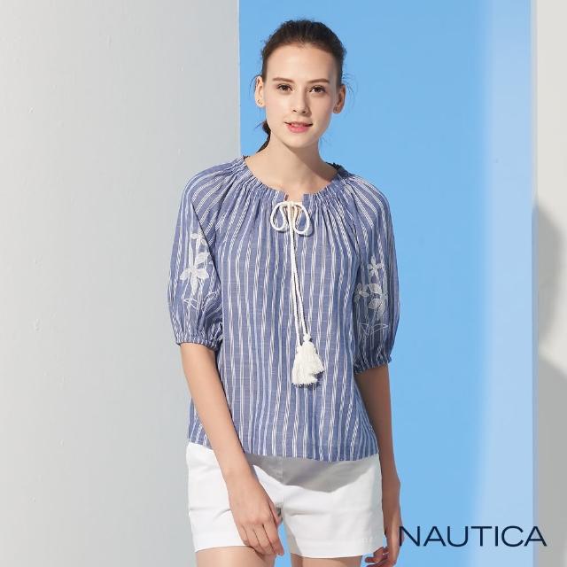 NAUTICA【NAUTICA】女裝條紋希臘風七分澎袖上衣(深藍)