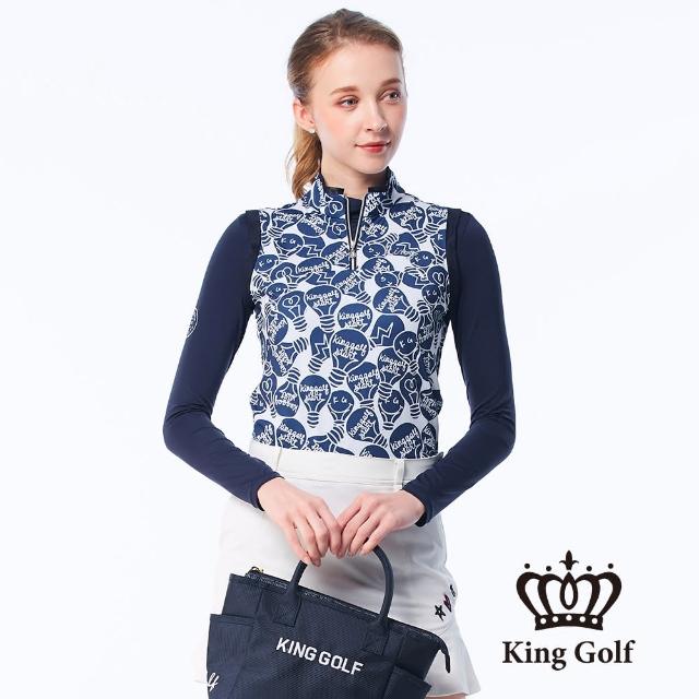 【KING GOLF】女款滿版趣味燈泡印花燙鑽立領拉鍊背心上衣(深藍)