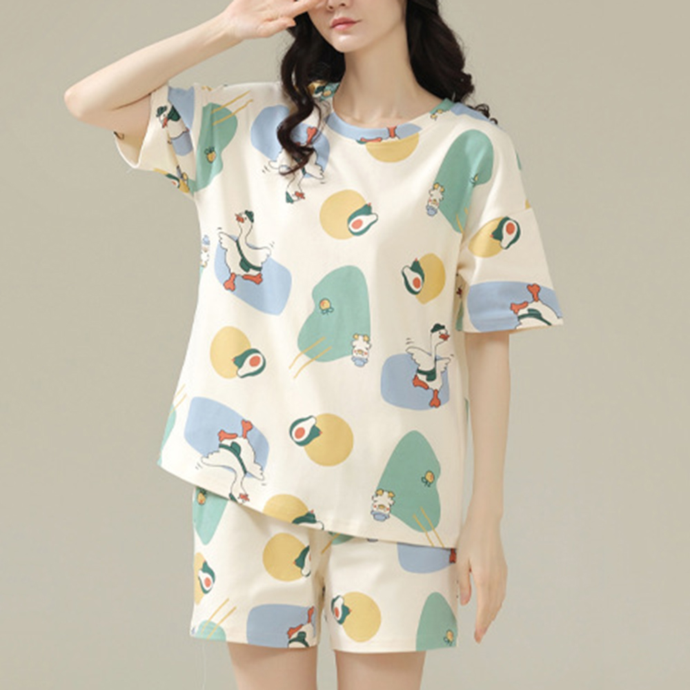【Amhome】印花帶胸墊純棉睡衣短袖短褲圓領可外穿家居服休閒2件式套裝#117571(4色)