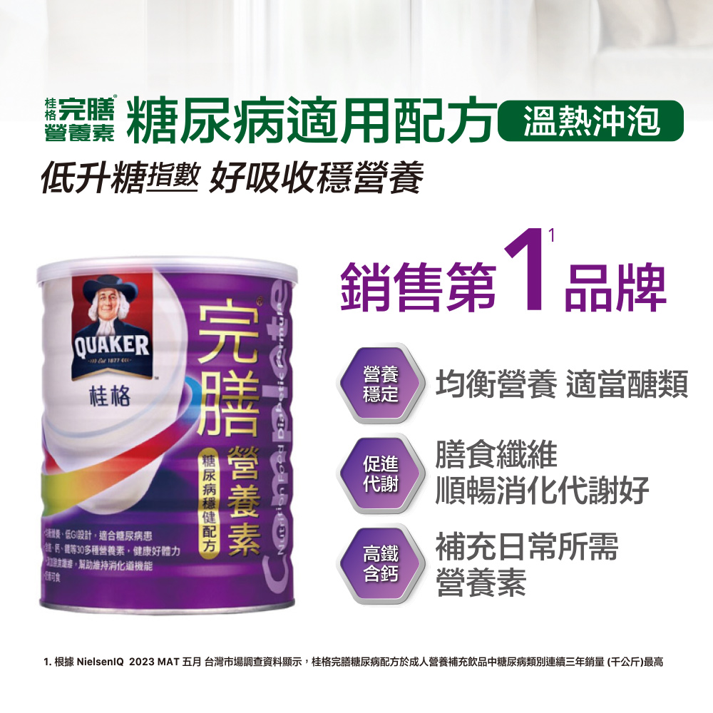 1. 根據 NielsenlQ 2023 MAT 五月台灣市場調查資料顯示,桂格完膳糖尿病配方於成人營養補充飲品中糖尿病類別連續三年銷量千公斤最高