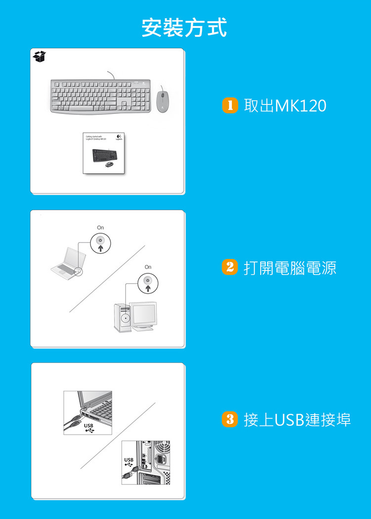 安裝方式 1 取出MK120 2 打開電腦電源 3 接上USB連接埠 