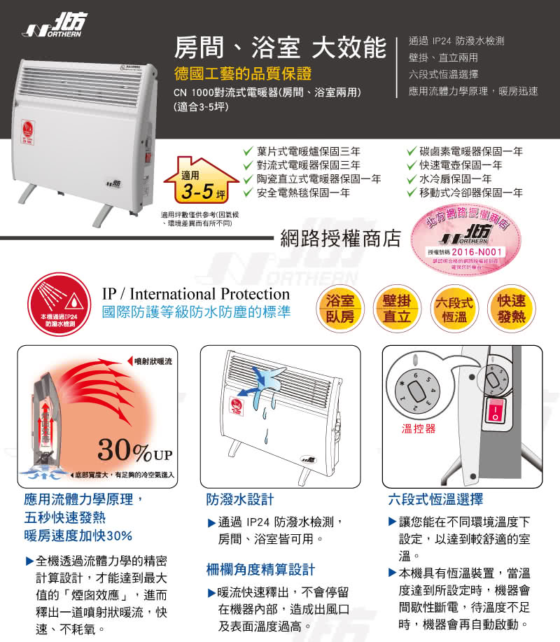 【北方】第二代對流式電暖器房間浴室兩用(CN1000)