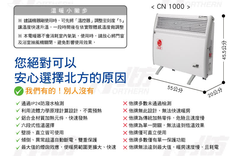 【北方】第二代對流式電暖器房間浴室兩用(CN1000)