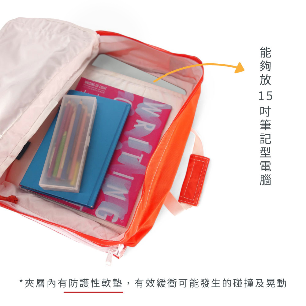 能夠放 15 吋筆記型電腦 夾層內有防護性軟墊,有效緩衝可能發生的碰撞及晃動 