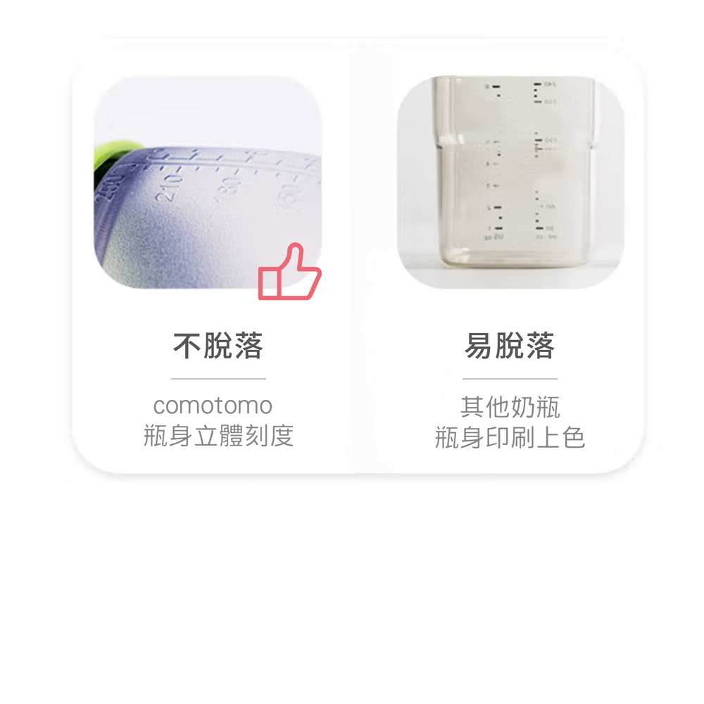 不脫落 瓶身立體刻度 易脫落 其他奶瓶 瓶身印刷上色 