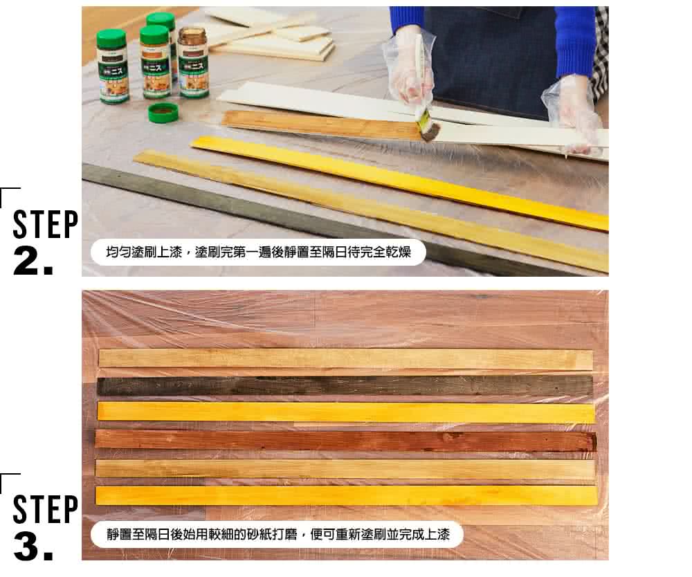 均勻塗刷上漆,塗刷完第一遍後靜置至隔日待完全乾燥 靜置至隔日後始用較細的砂紙打磨,便可重新塗刷並完成上漆 