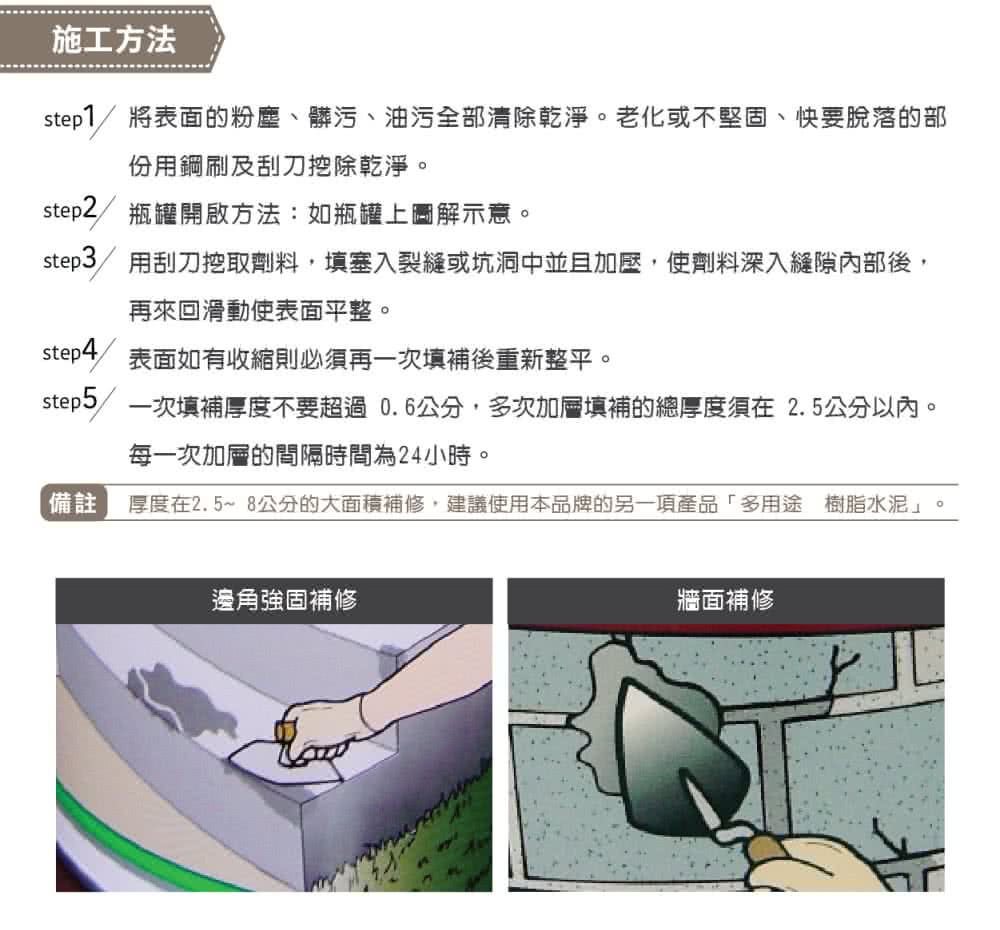 step5一次填補厚度不要超過0.6公分,多次加層填補的總厚度須在 2.5公分以內。