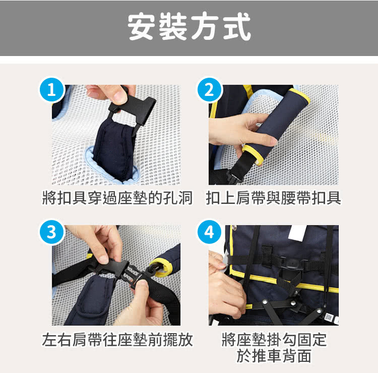 1安裝方式2將扣具穿過座墊的孔洞 扣上肩帶與腰帶扣具34左右肩帶往座墊前擺放將座墊掛勾固定於推車背面