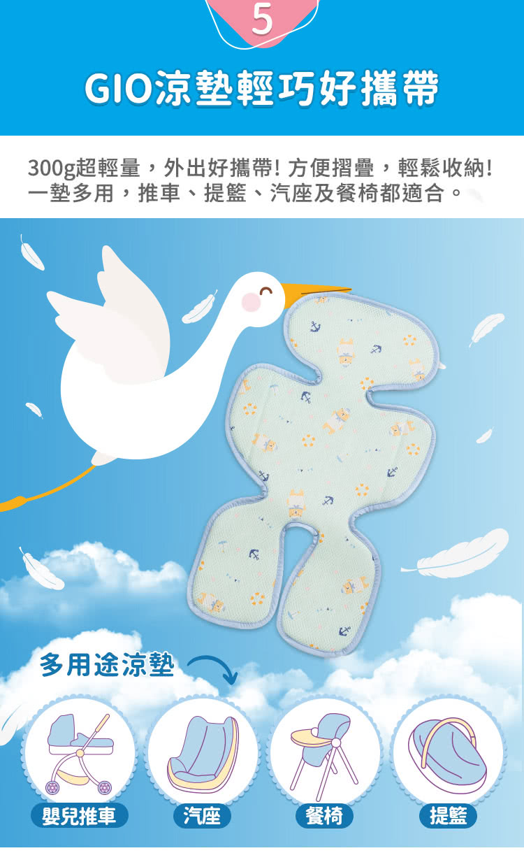 5GIO涼輕巧好攜帶300g超輕量,外出好攜帶! 方便摺疊,輕鬆收納!一墊多用,推車、提籃、汽座及餐椅都適合。多用途涼墊嬰兒推車汽座餐椅提籃